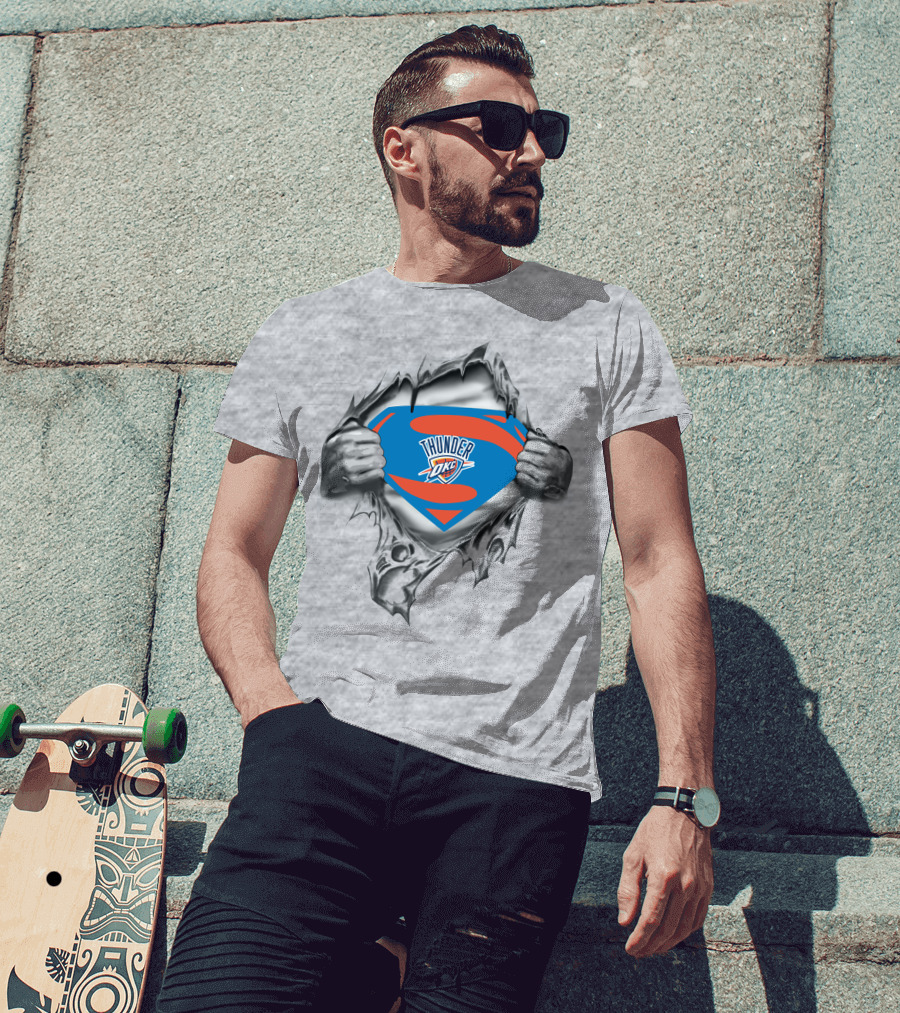 Oklahoma City Thunder Superman Logo With Superhero Costume T-Shirt