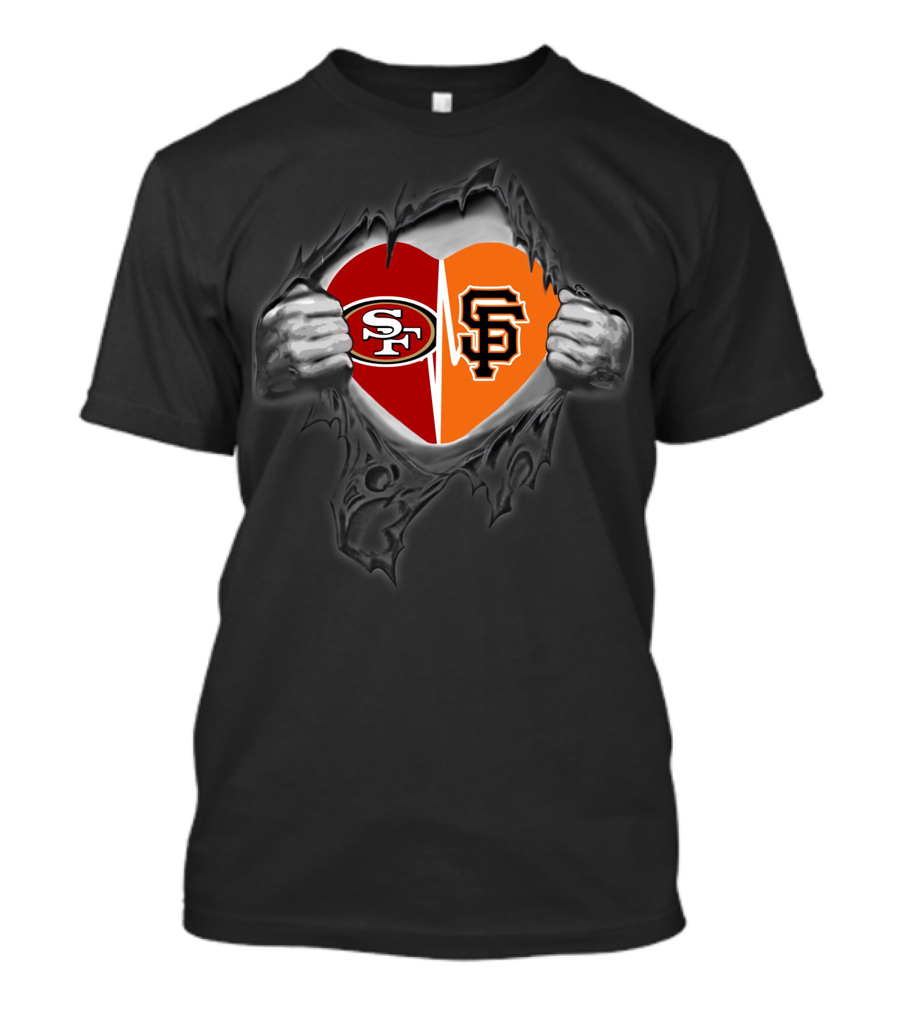 49ers Giants Heart Logos Cloak Tearing Hands T-Shirt