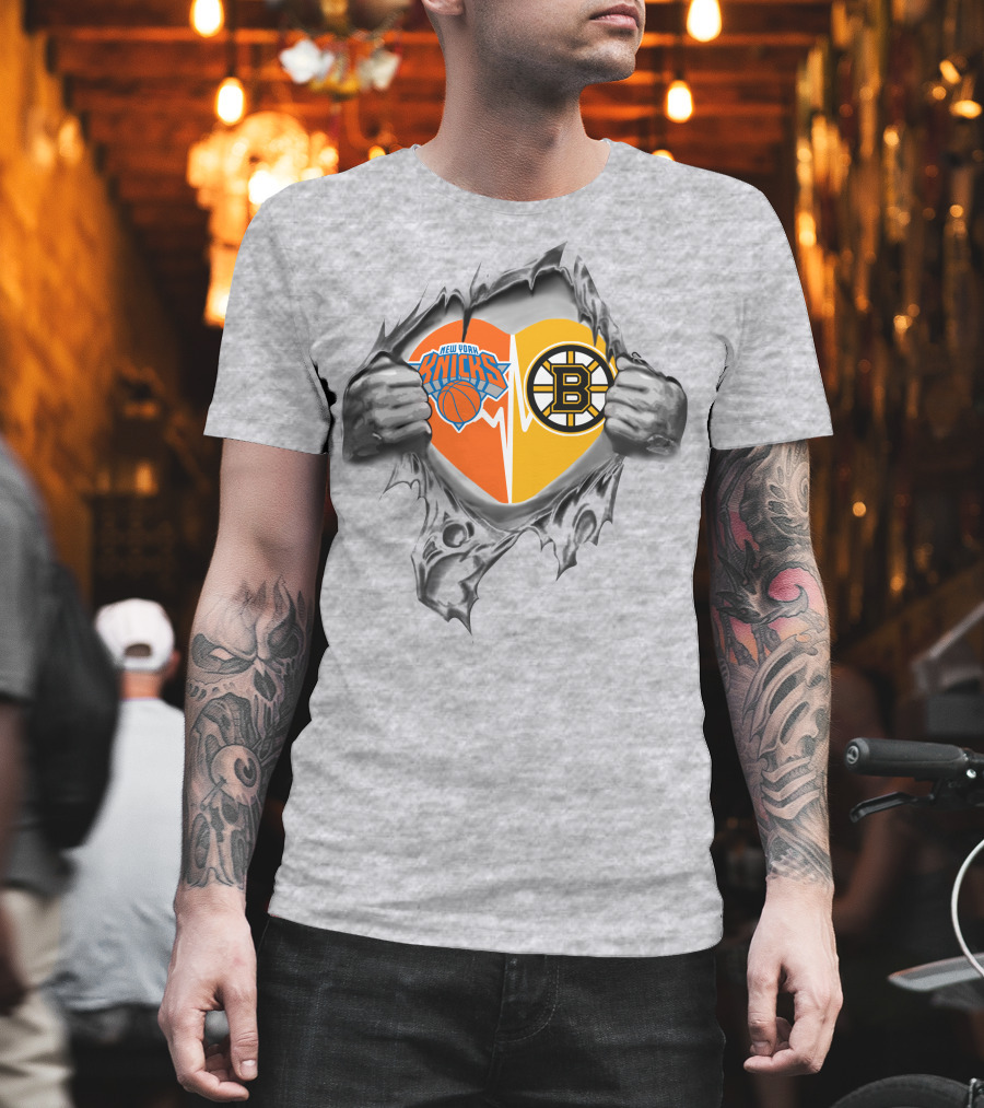 New York Knicks Boston Bruins Heartbeat Fans Passion T-Shirt