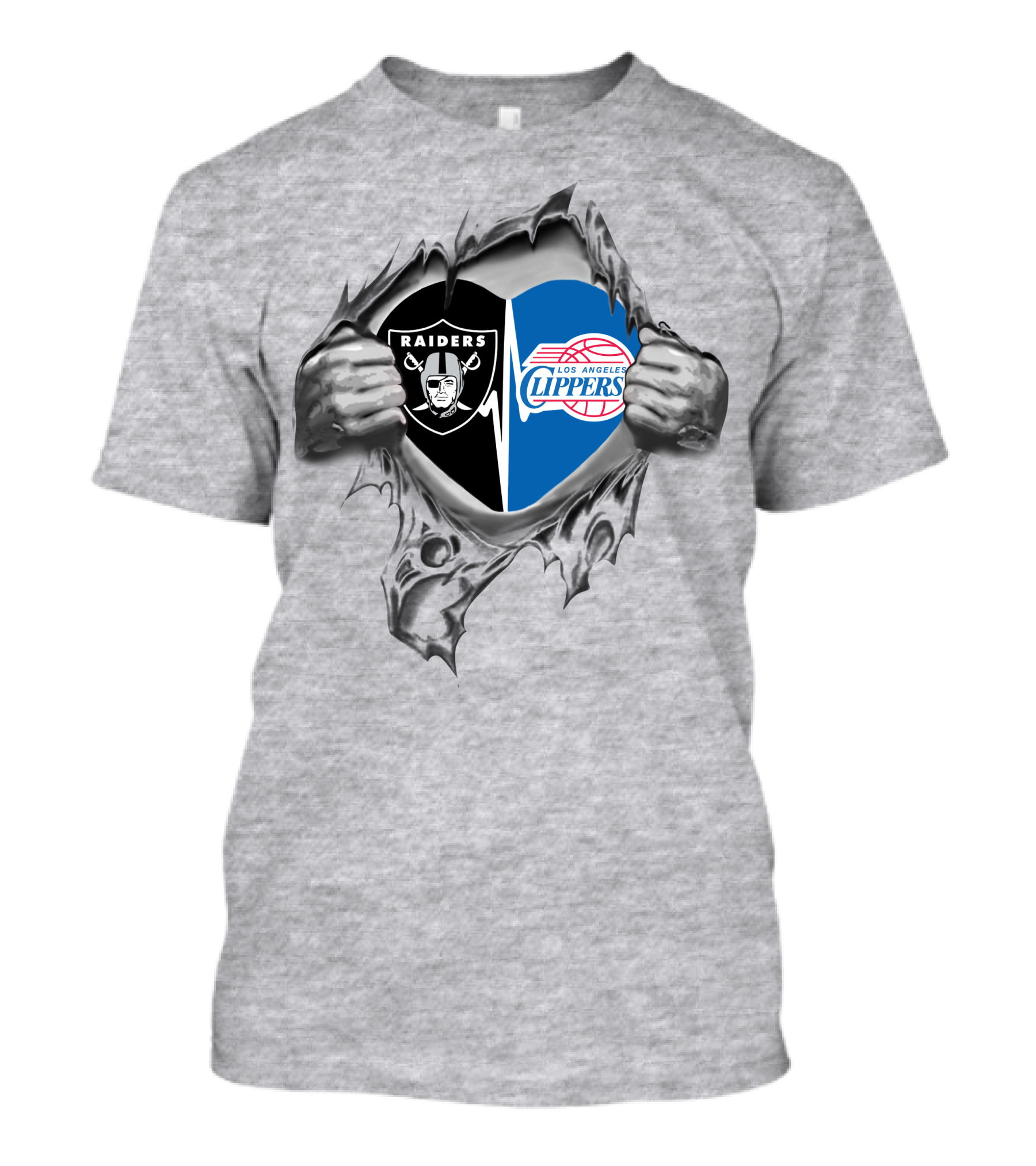 Raiders Clippers Heart Split Grey NFL NBA Fan T-Shirt