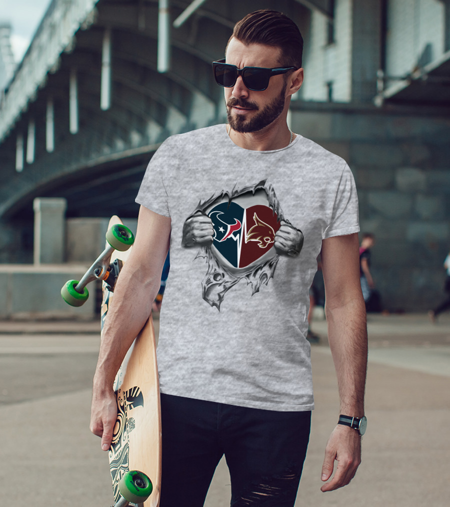 Houston Texans And Texas State Bobcats Heart T-Shirt
