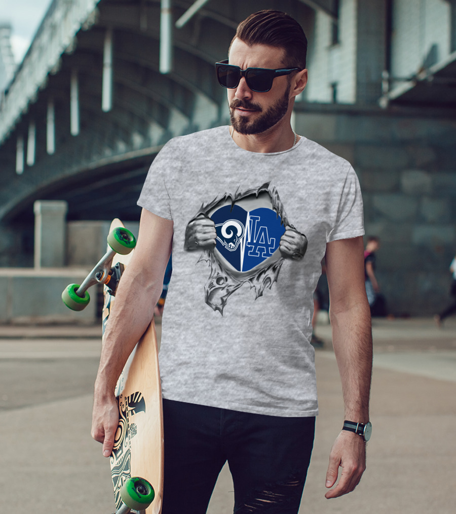 Rams And Dodgers Heart Symbol With Logos T-Shirt