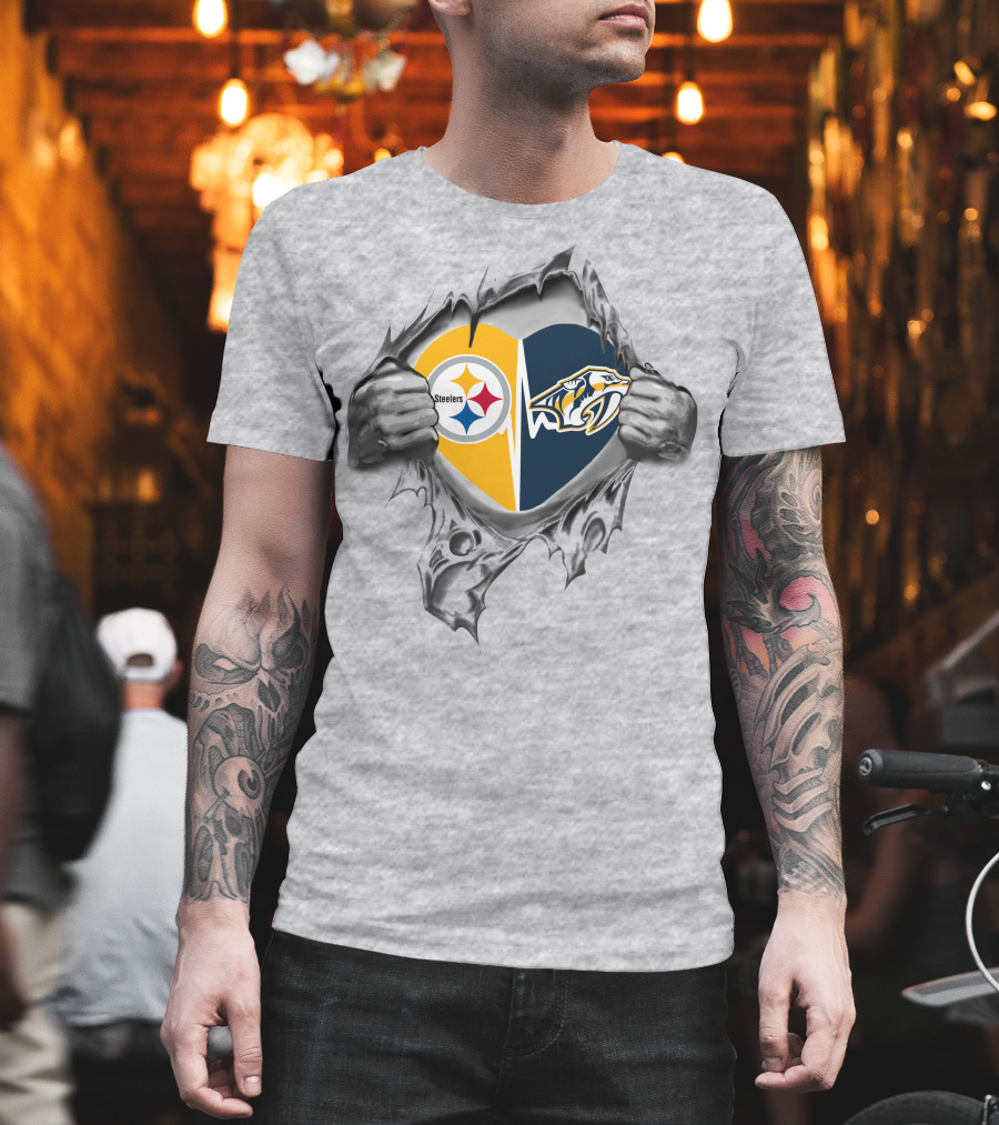 Steelers Predators Heart Logo Ripped T-Shirt