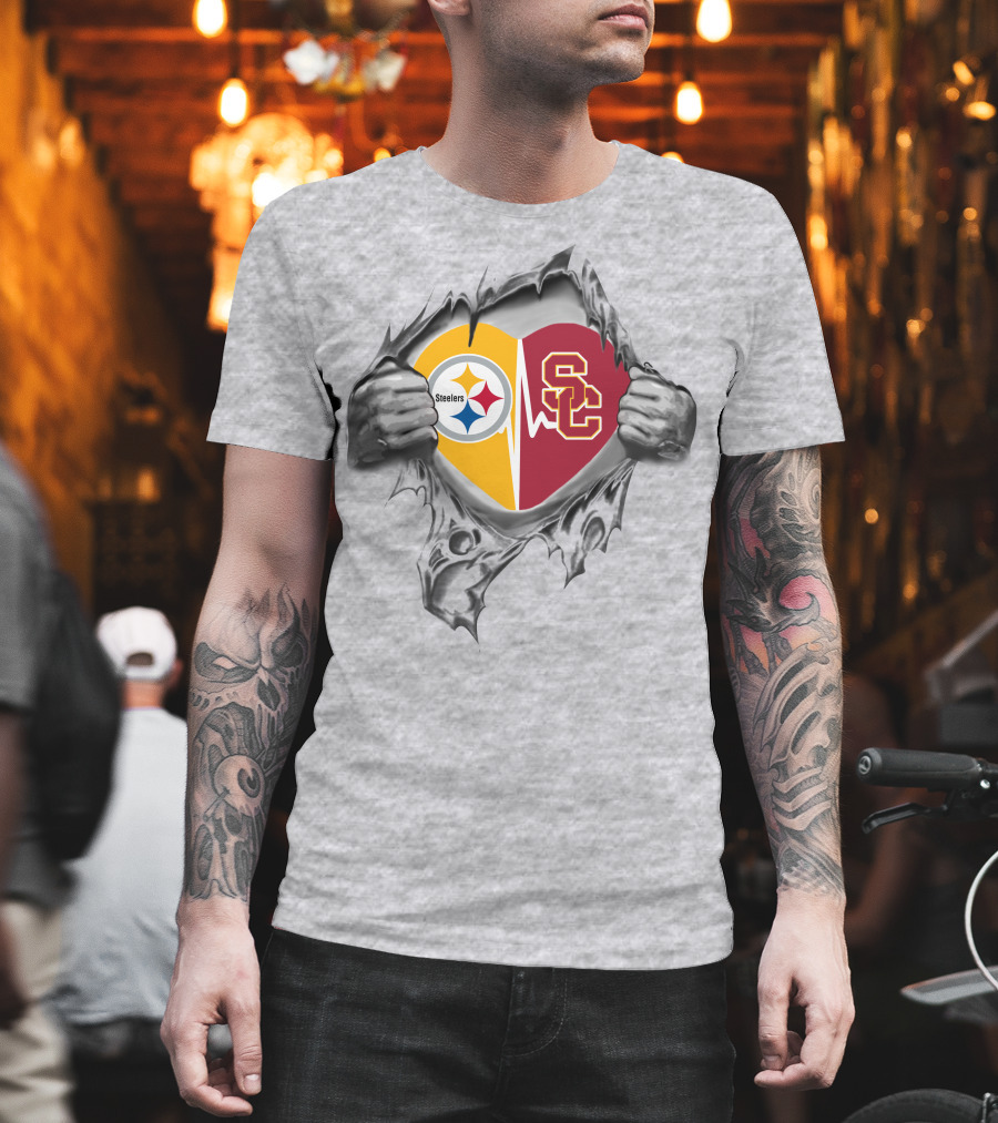 Steelers Trojans Heart with Pittsburgh Steelers and USC Trojans T-Shirt