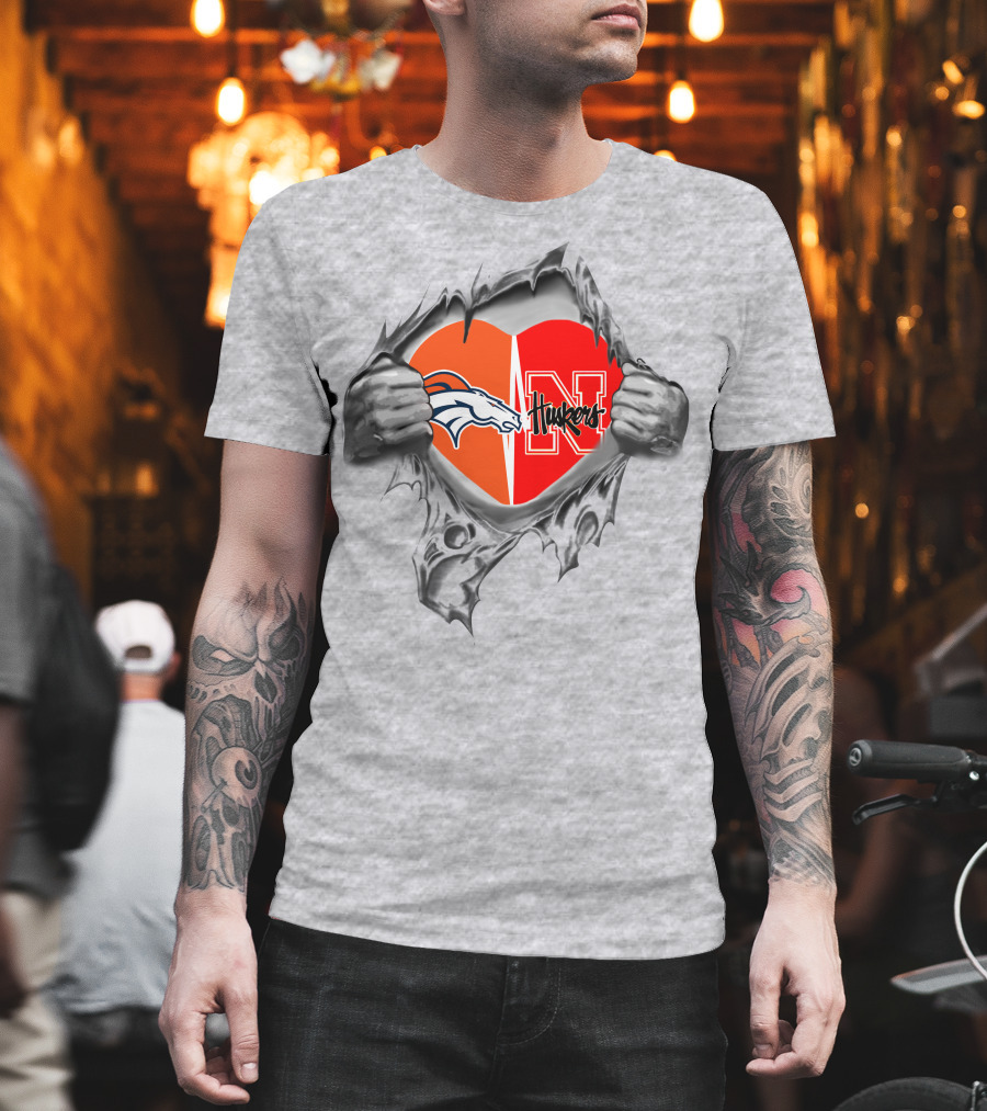 Broncos Huskers Heart With Denver Horse Logo And Nebraska N T-Shirt