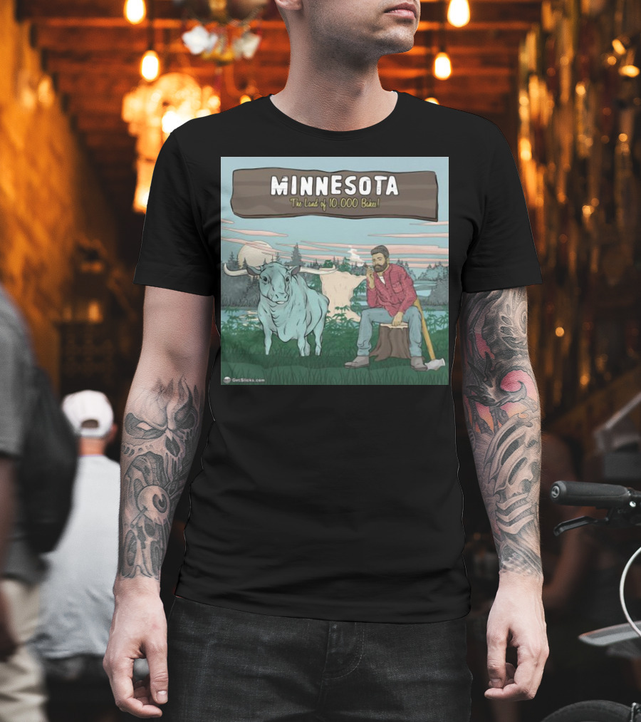Minnesota The Land Of 10,000 Bakes With Blue Ox And Lumberjack In Forest Scene T-Shirt