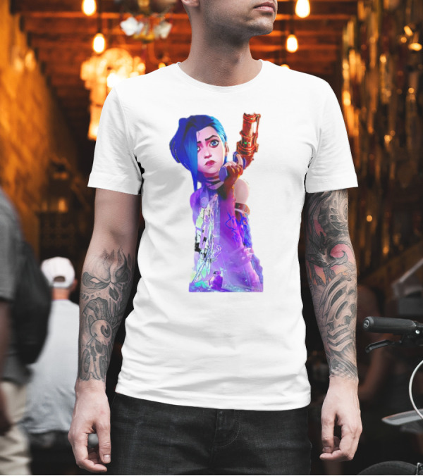 Arcane Jinx League of Legends Character with Blue Hair and Toy Gun T-Shirt Arcane Jinx League of Legends Character with Blue Hair and Toy Gun T-Shirt