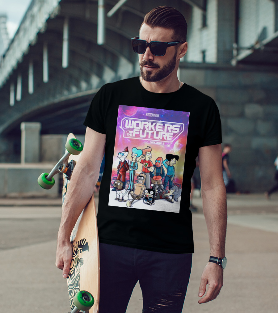 SLURM STUDIOS Workers Of The Future Volume 3 Futurama Characters Retro Futuristic T-Shirt