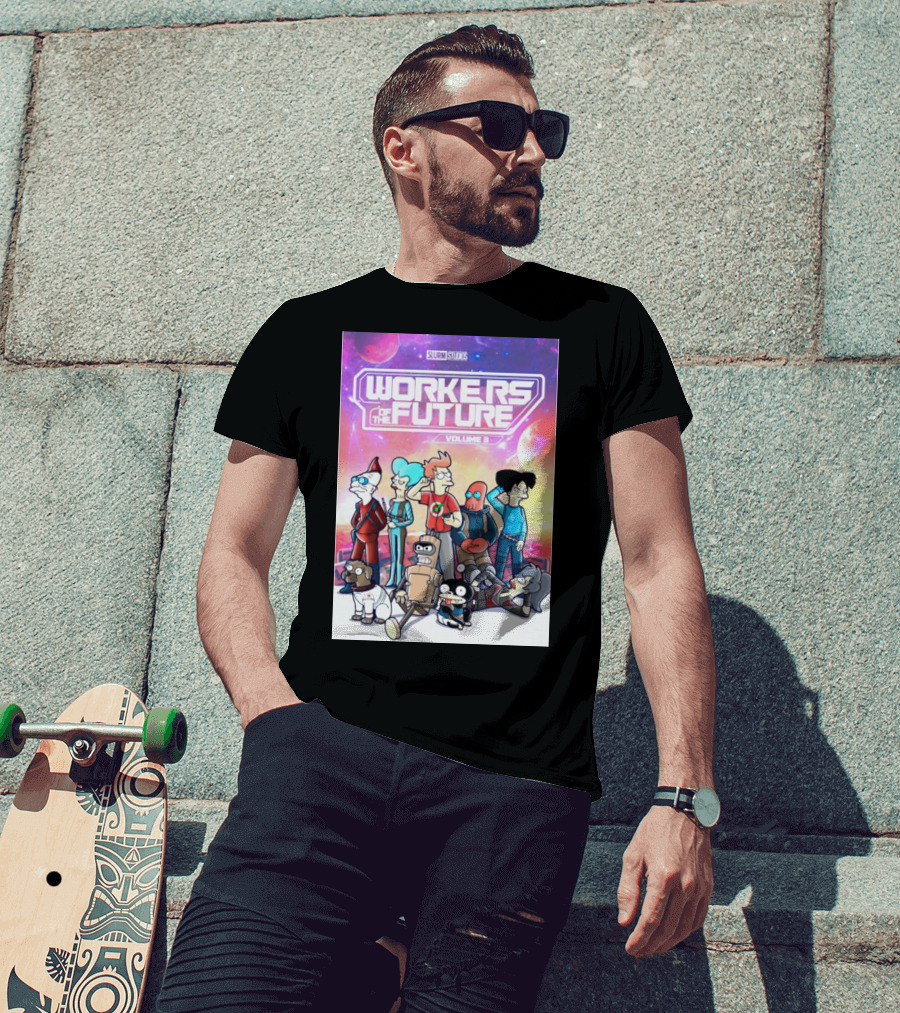 SLURM STUDIOS Workers Of The Future Volume 3 Futurama Characters Retro Futuristic T-Shirt