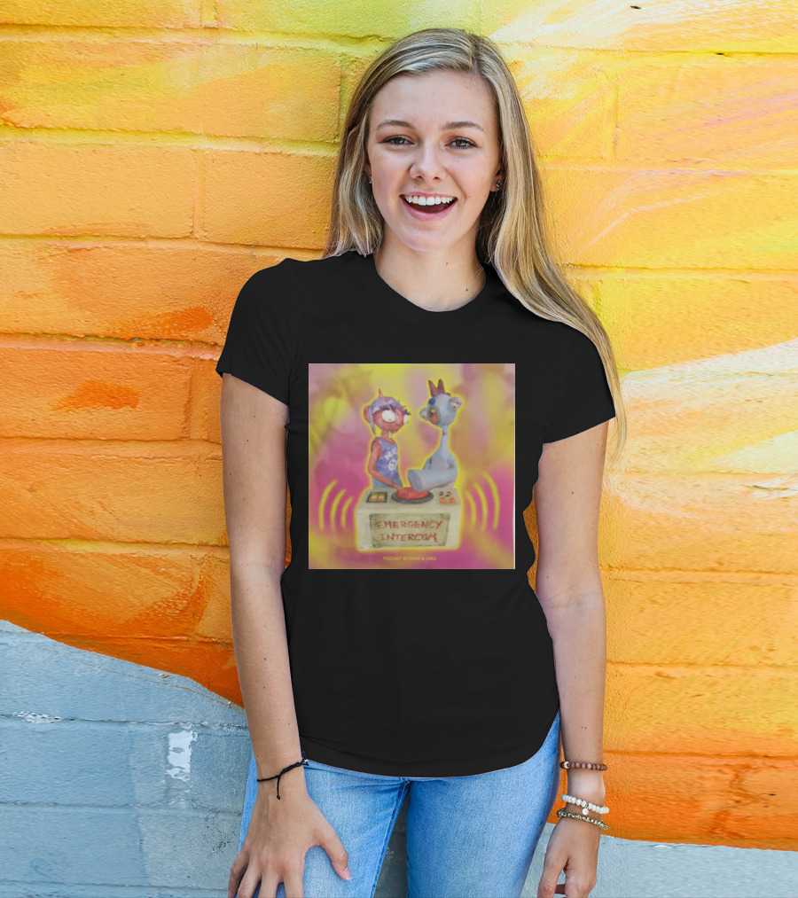 Emergency Intercom Podcast By Enya And Drew Vibrant Cartoon Characters On Bright Background T-Shirt