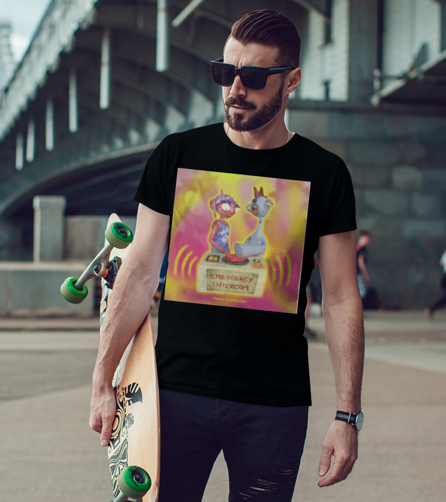 Emergency Intercom Podcast By Enya And Drew Vibrant Cartoon Characters On Bright Background T-Shirt