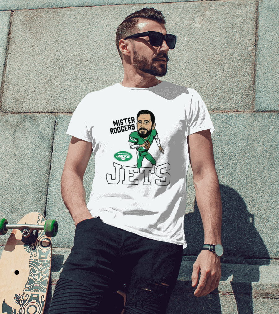 Mister Rodgers New York Jets Aaron Rodgers Caricature T-Shirt