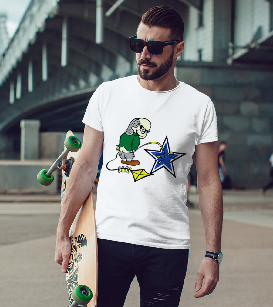 Ben Franklin With Kite Whizzing On Blue Cowboy Star T-Shirt