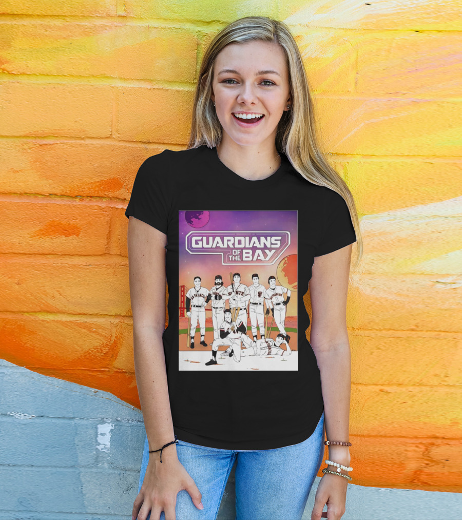 Guardians Of The Bay San Francisco Giants Baseball Players With Golden Gate Bridge And Sunset Background T-Shirt