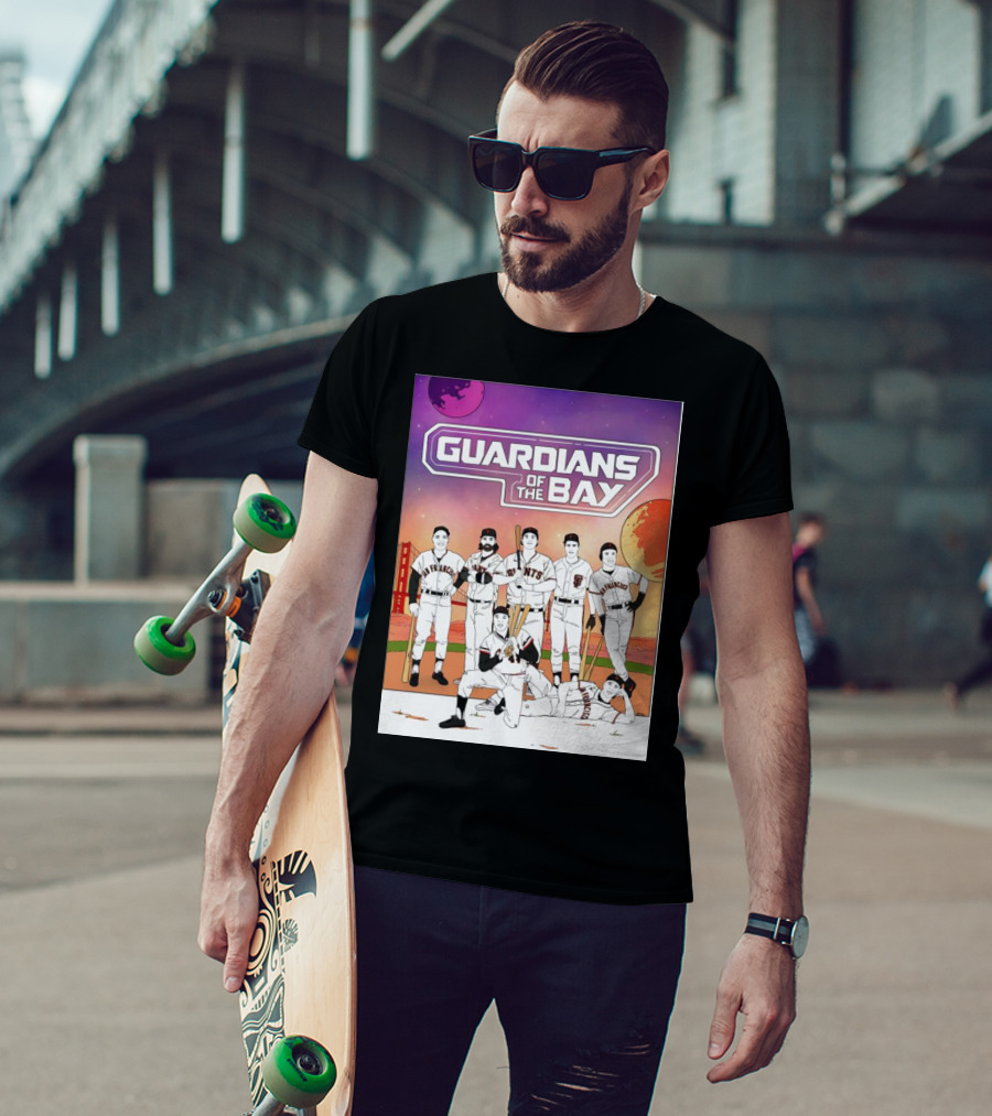 Guardians Of The Bay San Francisco Giants Baseball Players With Golden Gate Bridge And Sunset Background T-Shirt