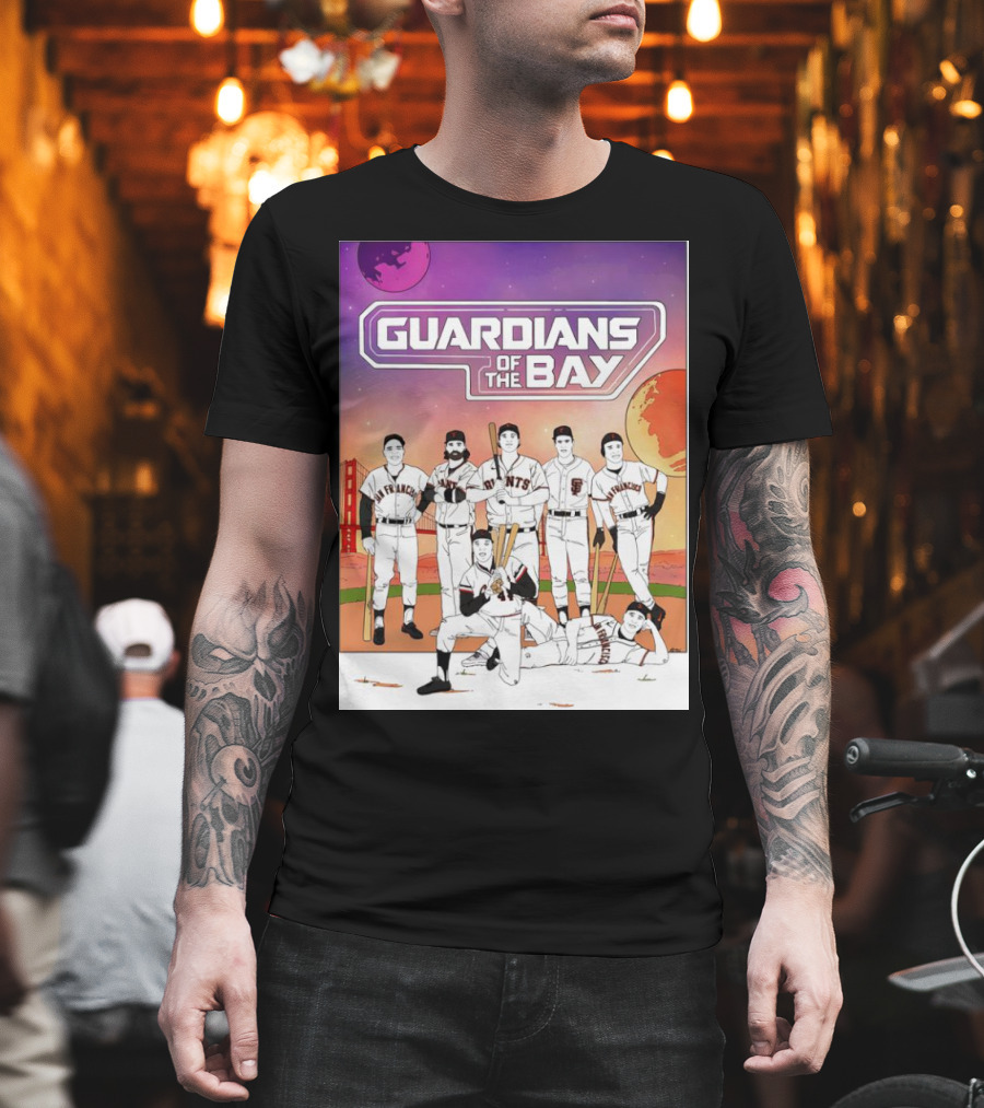 Guardians of the Bay San Francisco Giants Baseball Players with Golden Gate Bridge and Sunset Background T-Shirt