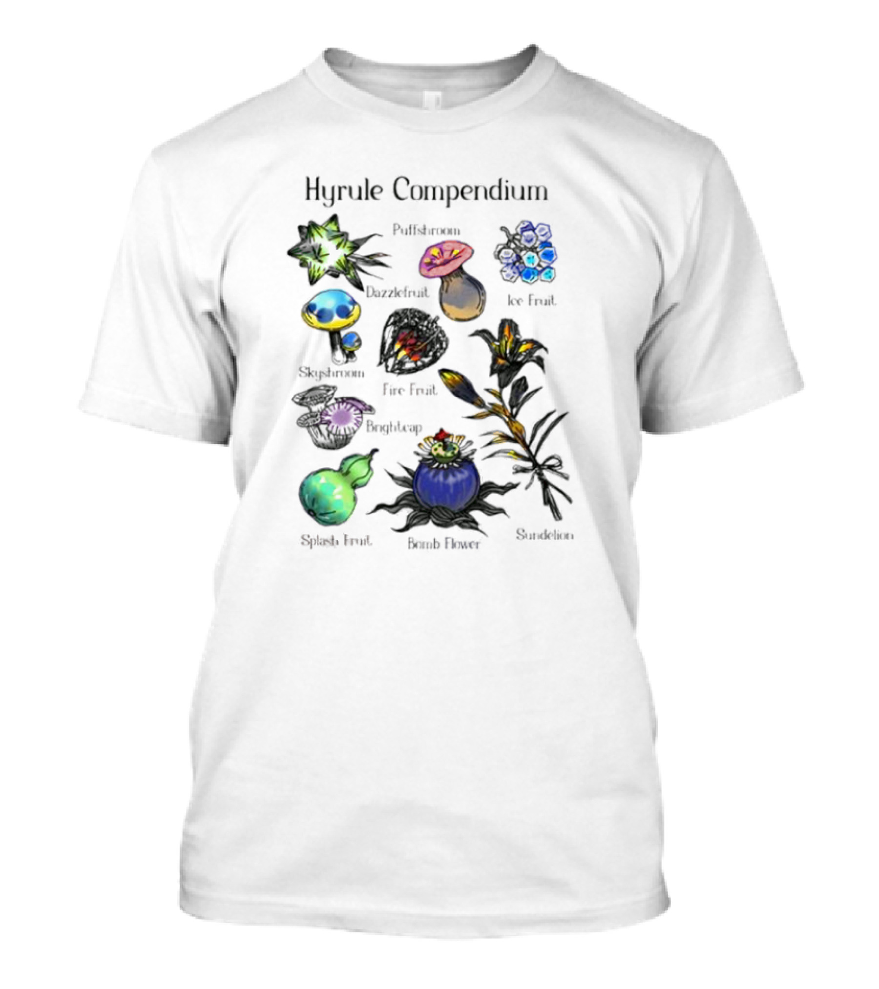 Hyrule Compendium Flora Vol. 2 Featuring Paddockhemp Dazzlefruit Ice Fruit Skippobono Fire Peapod Bomb Stockblossom Splash Fruit T-Shirt