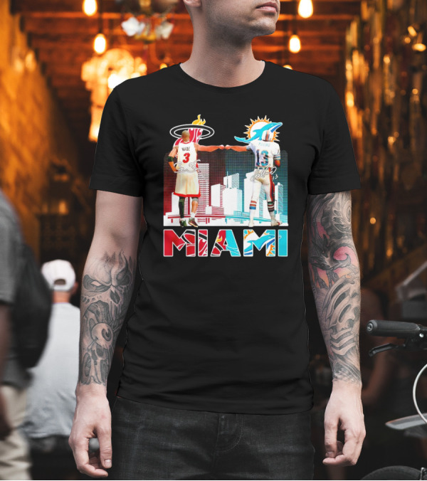 Miami Heat Dwyane Wade and Miami Dolphins Dan Marino Iconic Fist Bump Signatures T-Shirt Miami Heat Dwyane Wade and Miami Dolphins Dan Marino Iconic Fist Bump Signatures T-Shirt