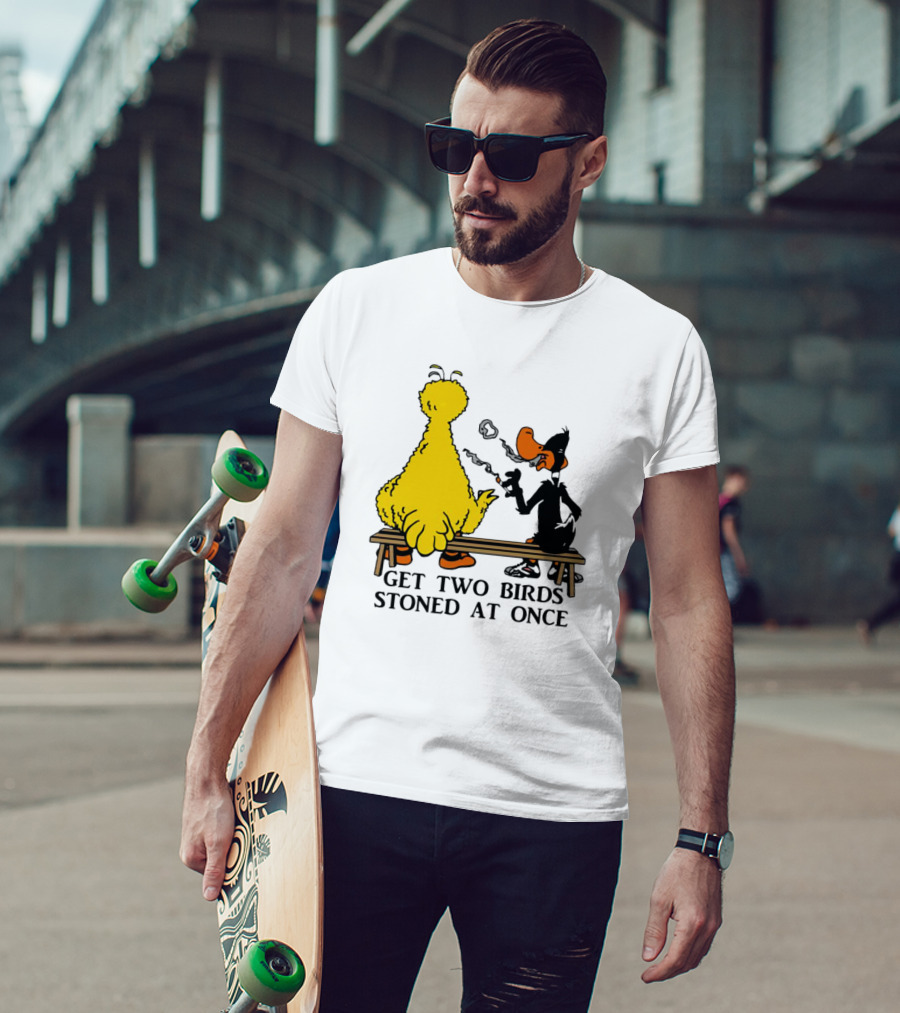 Get Two Birds Stoned At Once Smoking Yellow Black Cartoon Birds Bench T-Shirt
