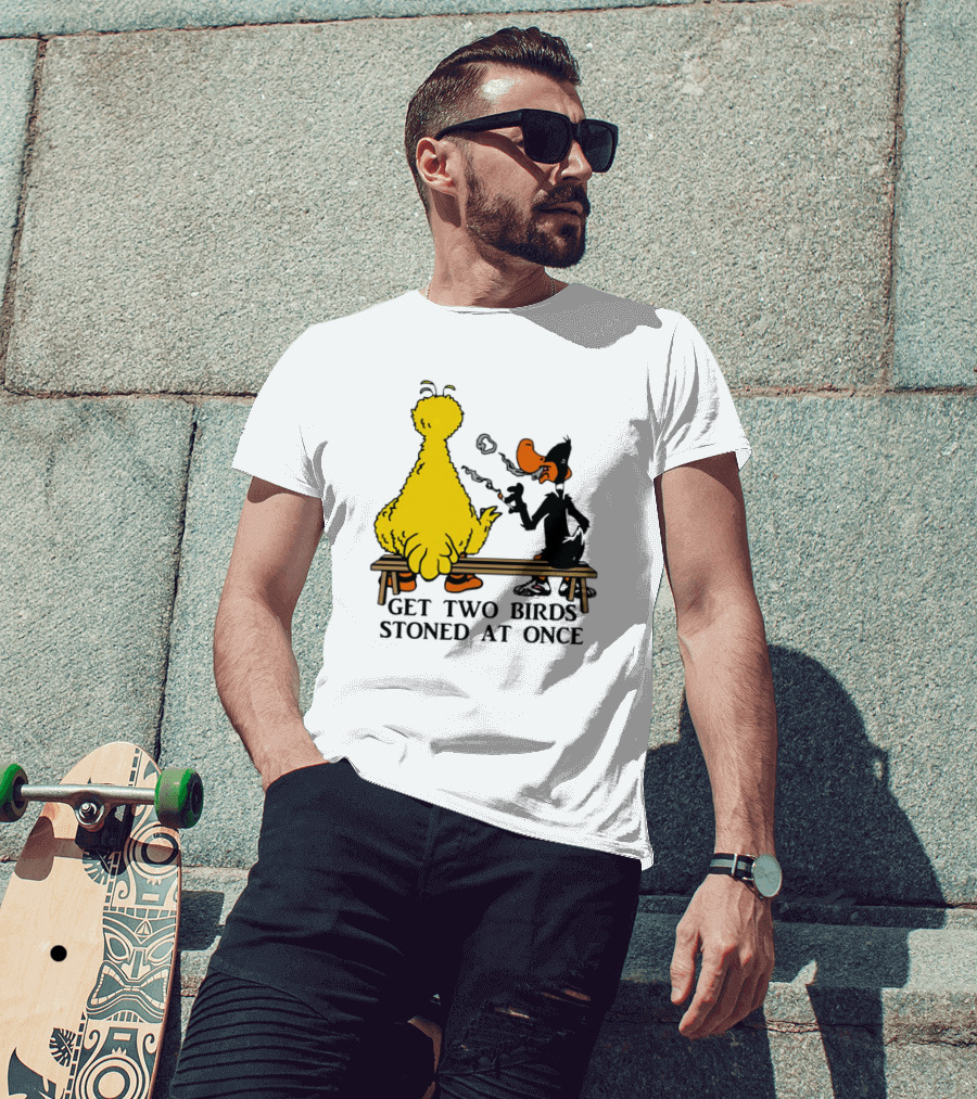 Get Two Birds Stoned At Once Smoking Yellow Black Cartoon Birds Bench T-Shirt