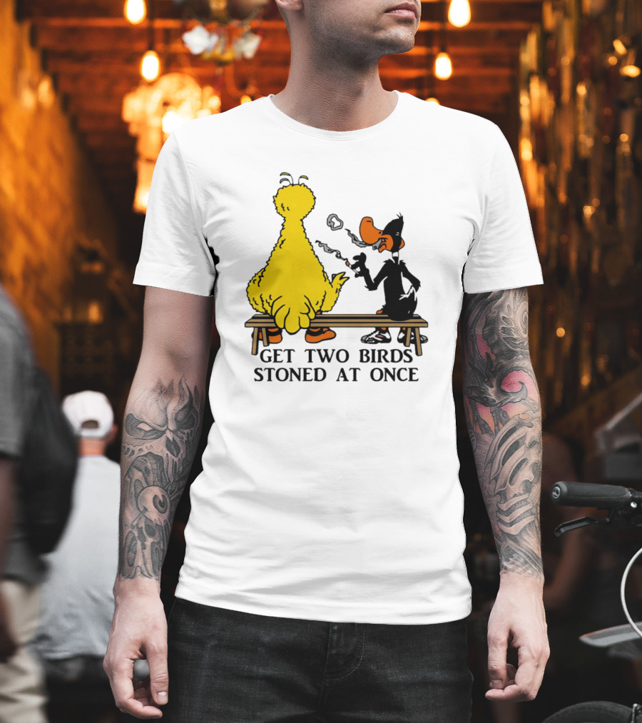 Get Two Birds Stoned At Once Smoking Yellow Black Cartoon Birds Bench T-Shirt