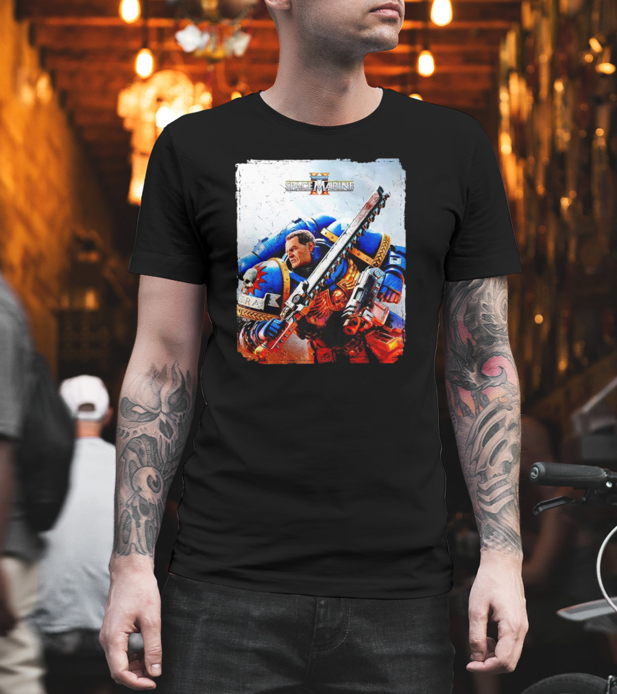 Warhammer 40000 Space Marine 2 Titus Game Art Ultramarine Warrior Battle Scene T-Shirt