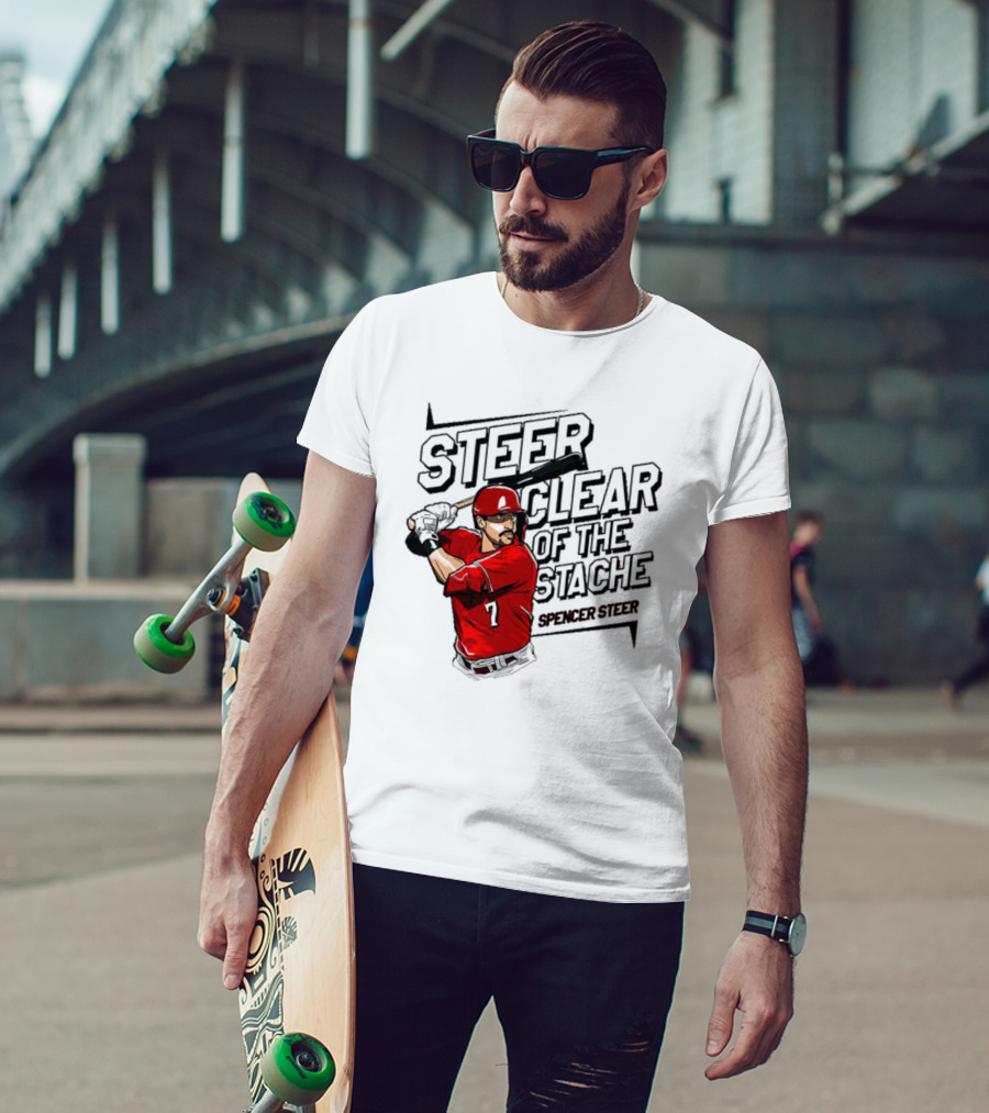 Spencer Steer Clear Of The Stache Baseball Player Illustration With Red Jersey And Bat T-Shirt