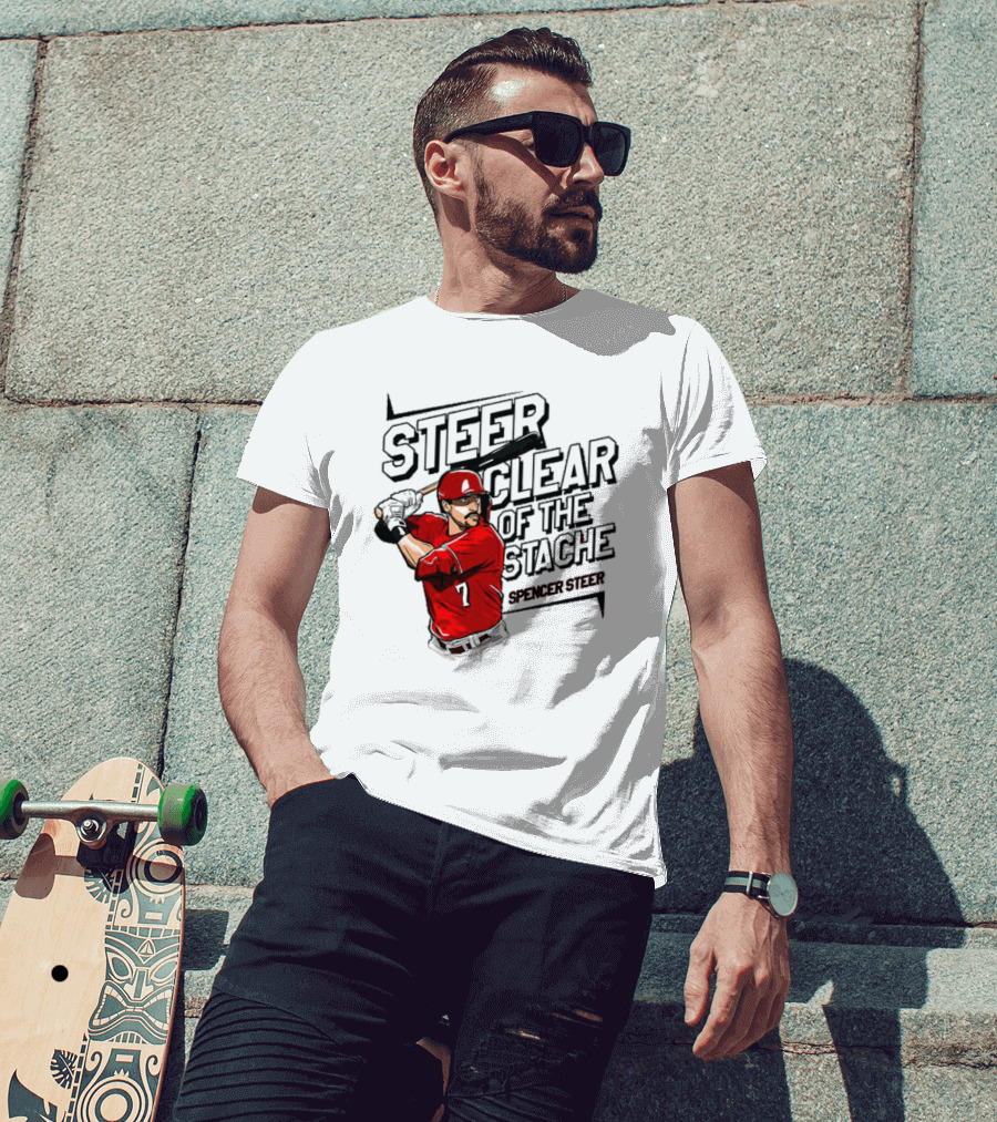 Spencer Steer Clear Of The Stache Baseball Player Illustration With Red Jersey And Bat T-Shirt
