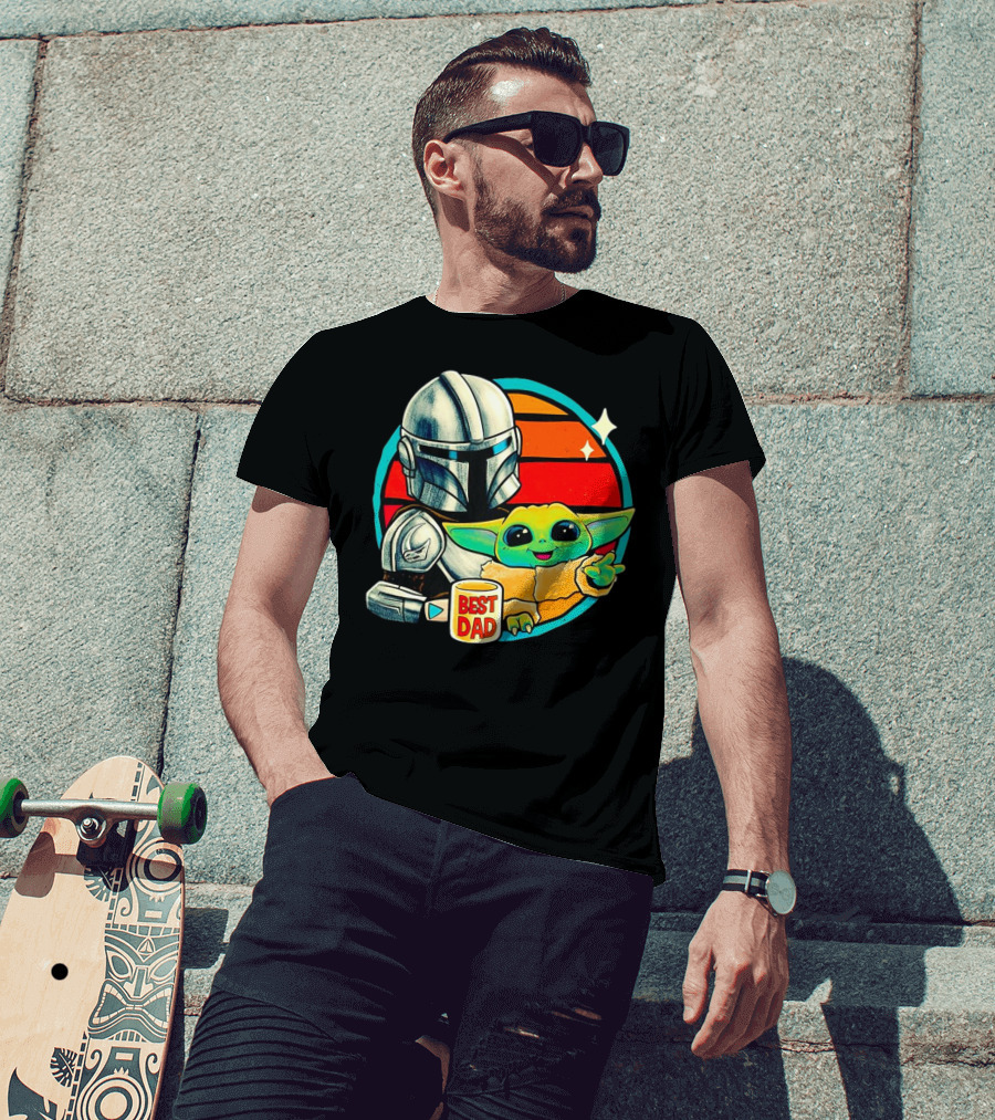 Best Dad Din Djarin With Grogu Vintage Retro Sunset T-Shirt