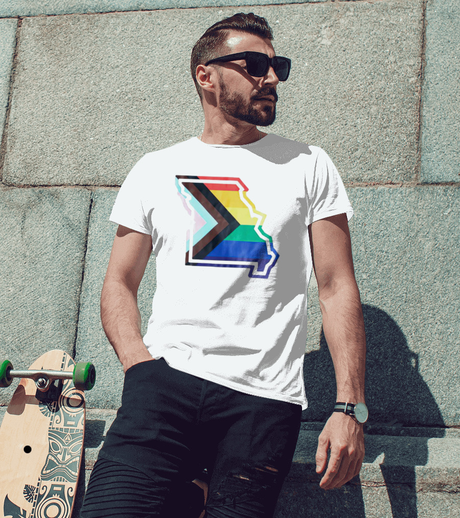 Missouri State Outline With Progress Pride Flag Colors T-Shirt