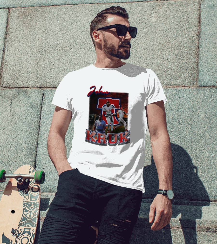 John Kruk Phillies Baseball Player Retro Style Red Blue Text T-Shirt