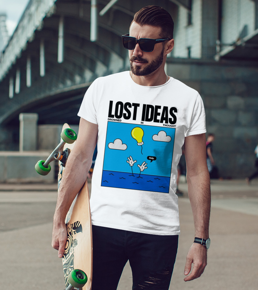Lost Ideas Drowned In Thought Help Lightbulb Above Water Hands Clouds T-Shirt