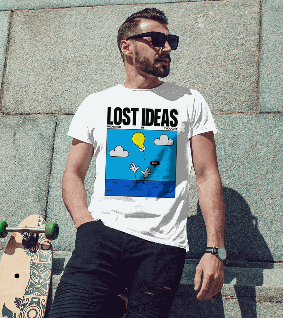 Lost Ideas Drowned In Thought Help Lightbulb Above Water Hands Clouds T-Shirt
