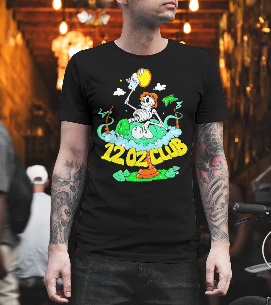 12 Oz Club Skeleton with Sunny Days Cheers Tropical Vibes T-Shirt