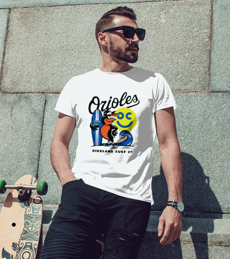 Orioles Ocean City Birdland Surf Co Smiley Surfboard Wave T-Shirt