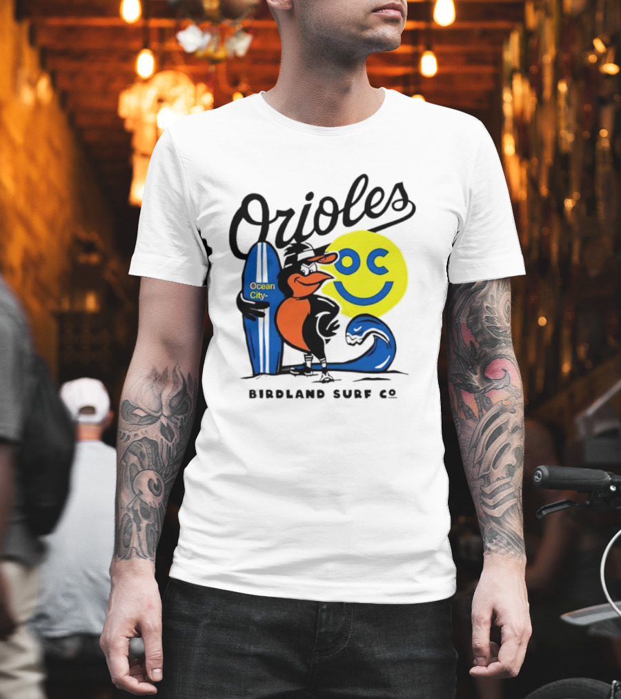 Orioles Ocean City Birdland Surf Co Smiley Surfboard Wave T-Shirt