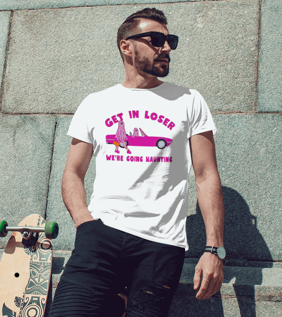Get In Loser We're Going Haunting Ghost Girl In Pink Car T-Shirt