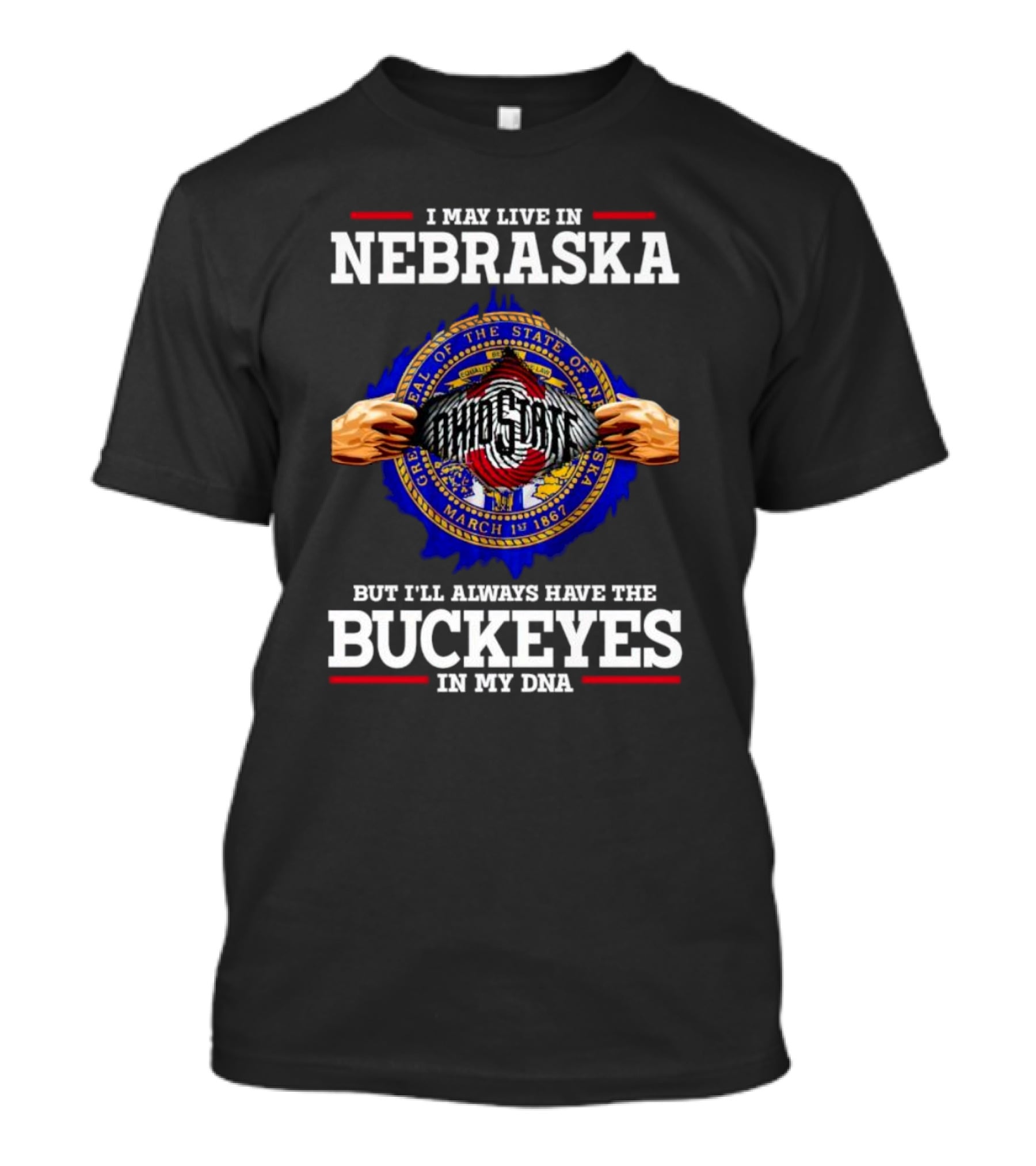 I May Live In Nebraska But I’ll Always Have The Buckeyes In My DNA Ohio State Seal T-Shirt