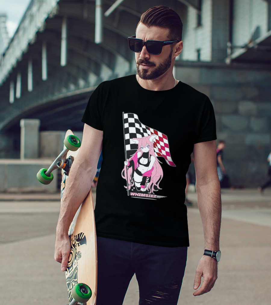 Whimsiez Checkered Flag Pink-Haired Girl Racing T-Shirt
