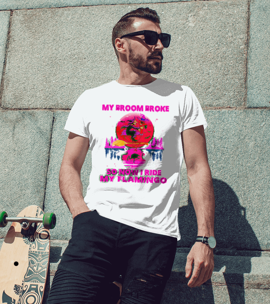 My Broom Broke So Now I Ride My Flamingo Neon Witch And Flamingo Moon Scene T-Shirt