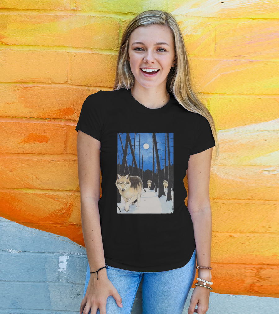 Snow 1995 Wild Earth Wolf Vintage Full Moon Forest Scene T-Shirt