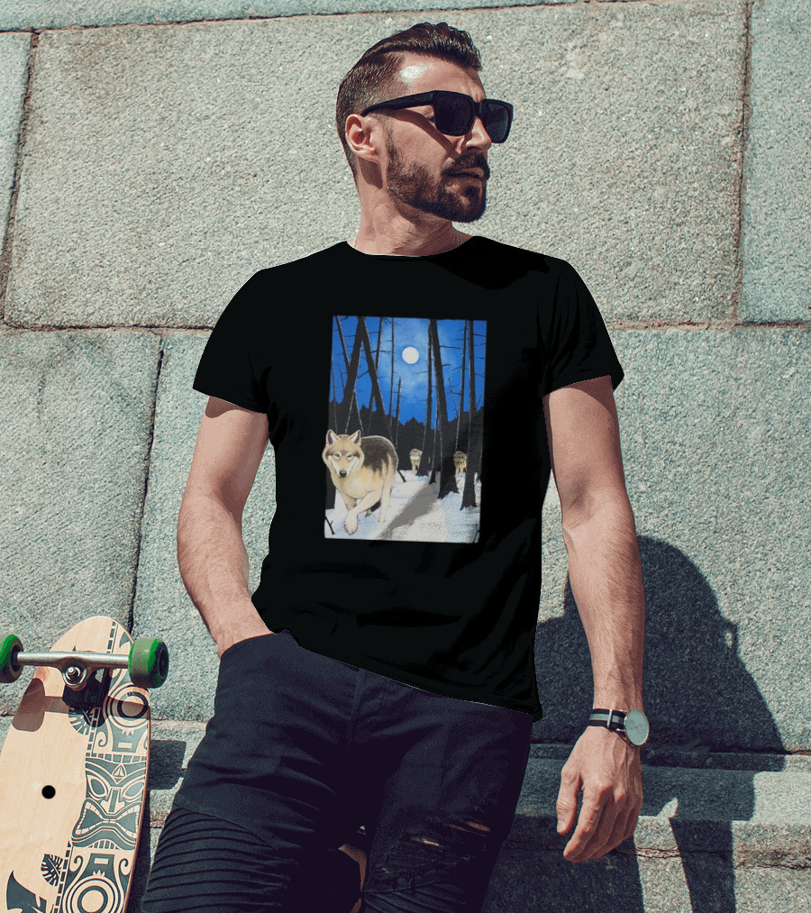 Snow 1995 Wild Earth Wolf Vintage Full Moon Forest Scene T-Shirt