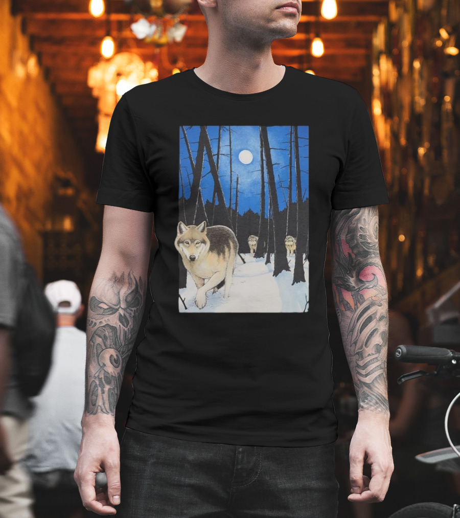 Snow 1995 Wild Earth Wolf Vintage Full Moon Forest Scene T-Shirt