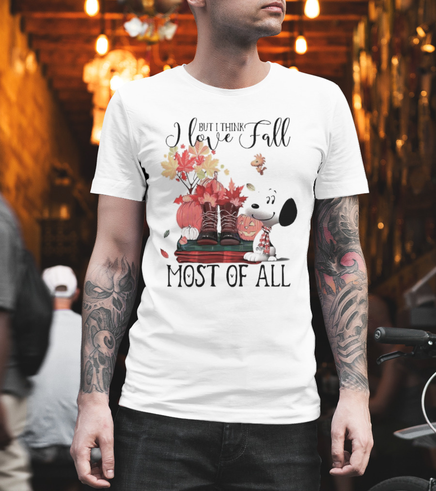 I Love Fall Most of All Snoopy Dog with Boots Pumpkins and Leaves T-Shirt
