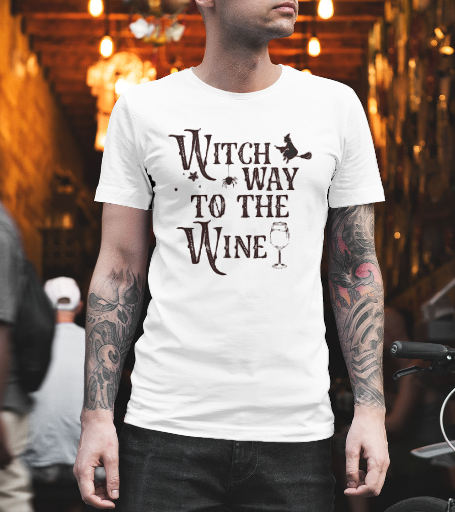 Witch Way To The Wine Halloween Broomstick And Glass T-Shirt