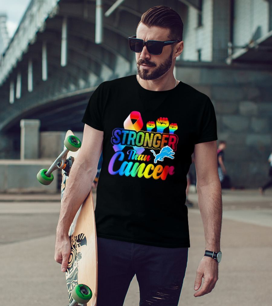 Detroit Lions Stronger Than Cancer Rainbow Ribbon And Fists T-Shirt