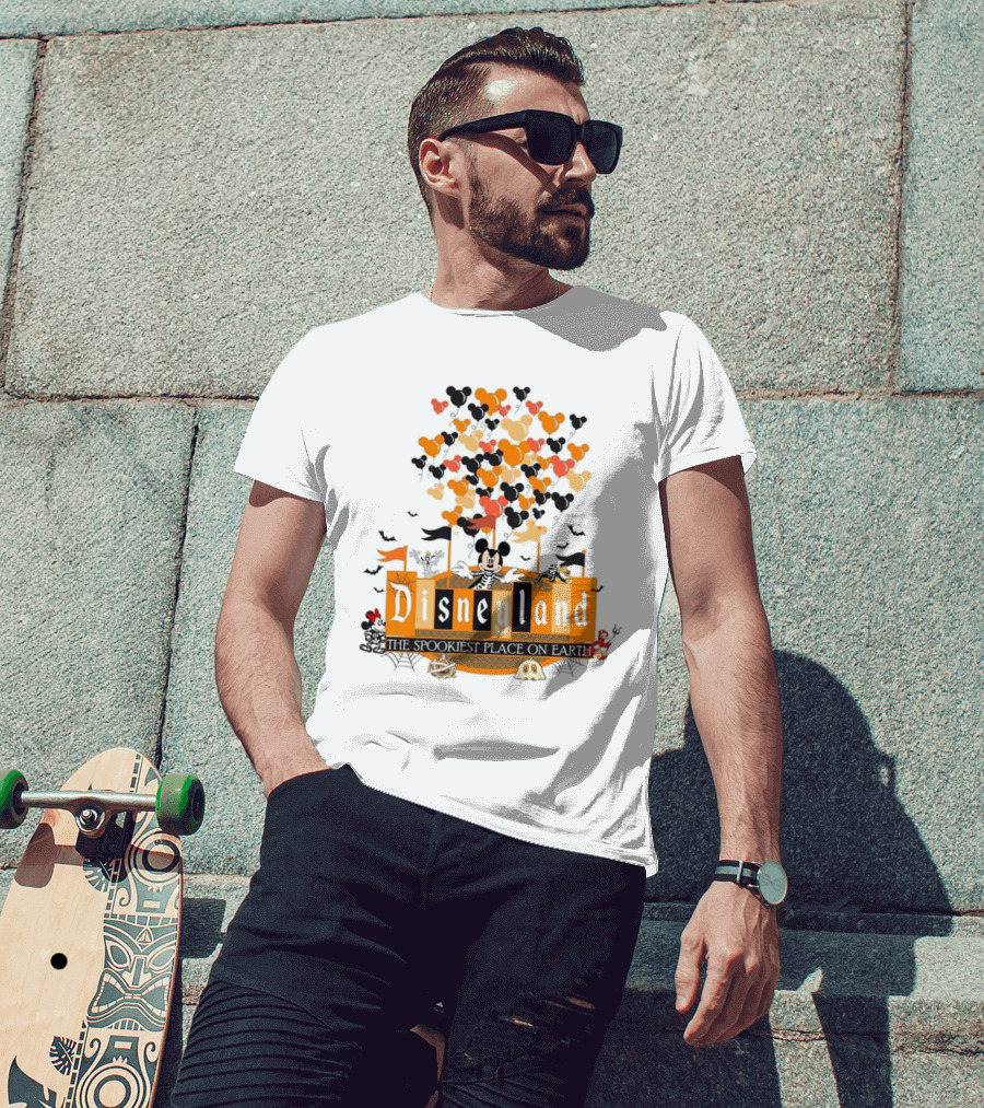 Disneyland Halloween Mickey Mouse The Spookiest Place On Earth Orange Bats And Pumpkins T-Shirt