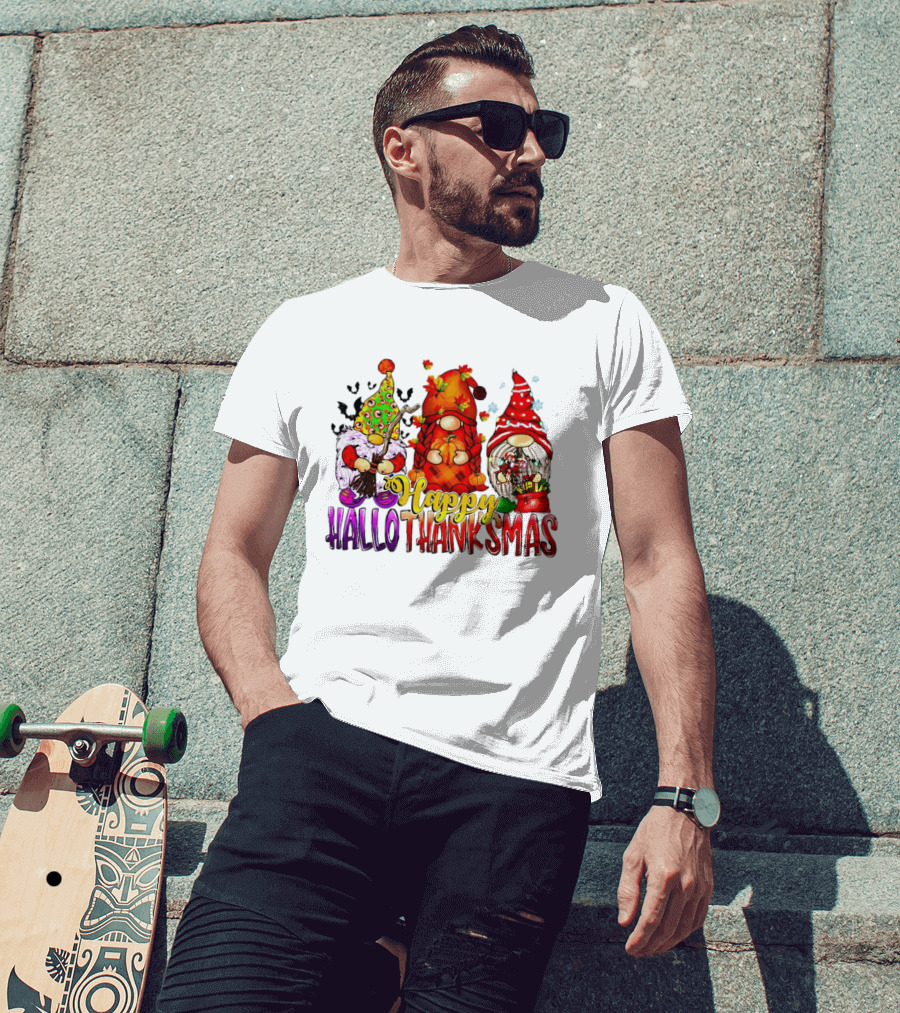 Happy Hallothanksmas Gnomes Halloween Thanksgiving Christmas T-Shirt