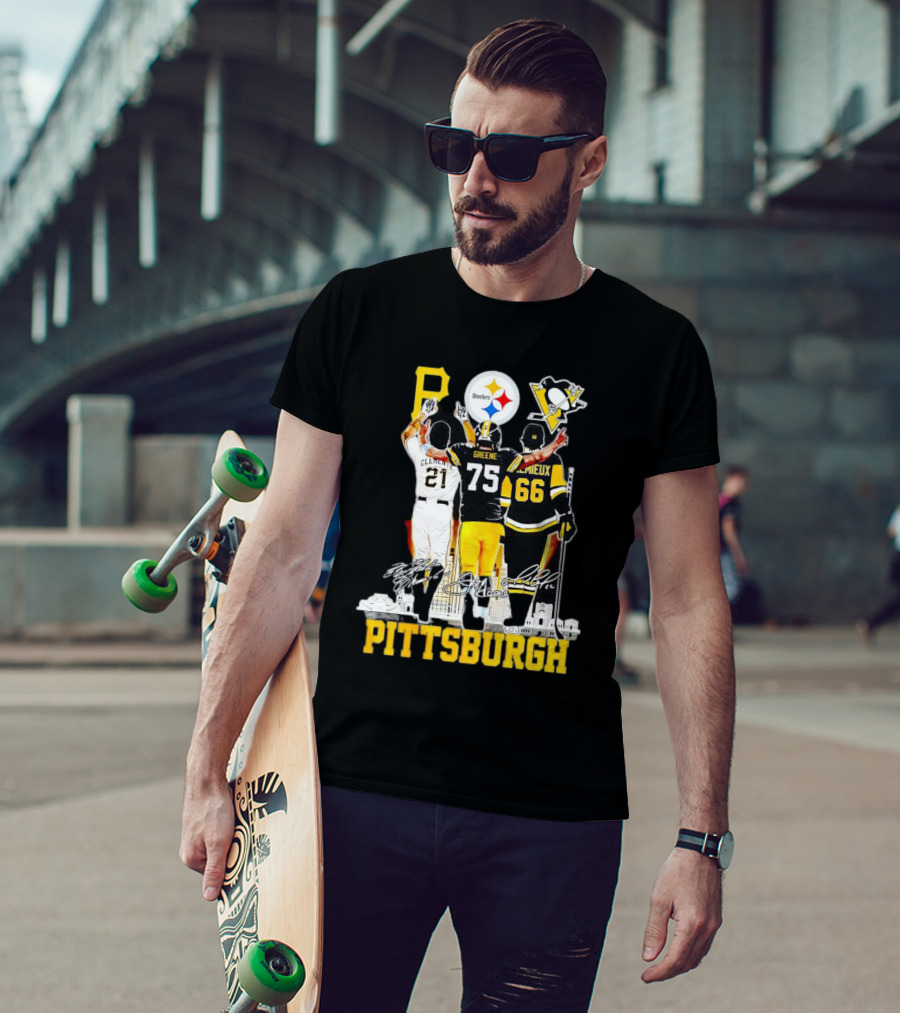 Pittsburgh Steelers Penguins Pirates Clemente Greene Lemieux Signatures T-Shirt