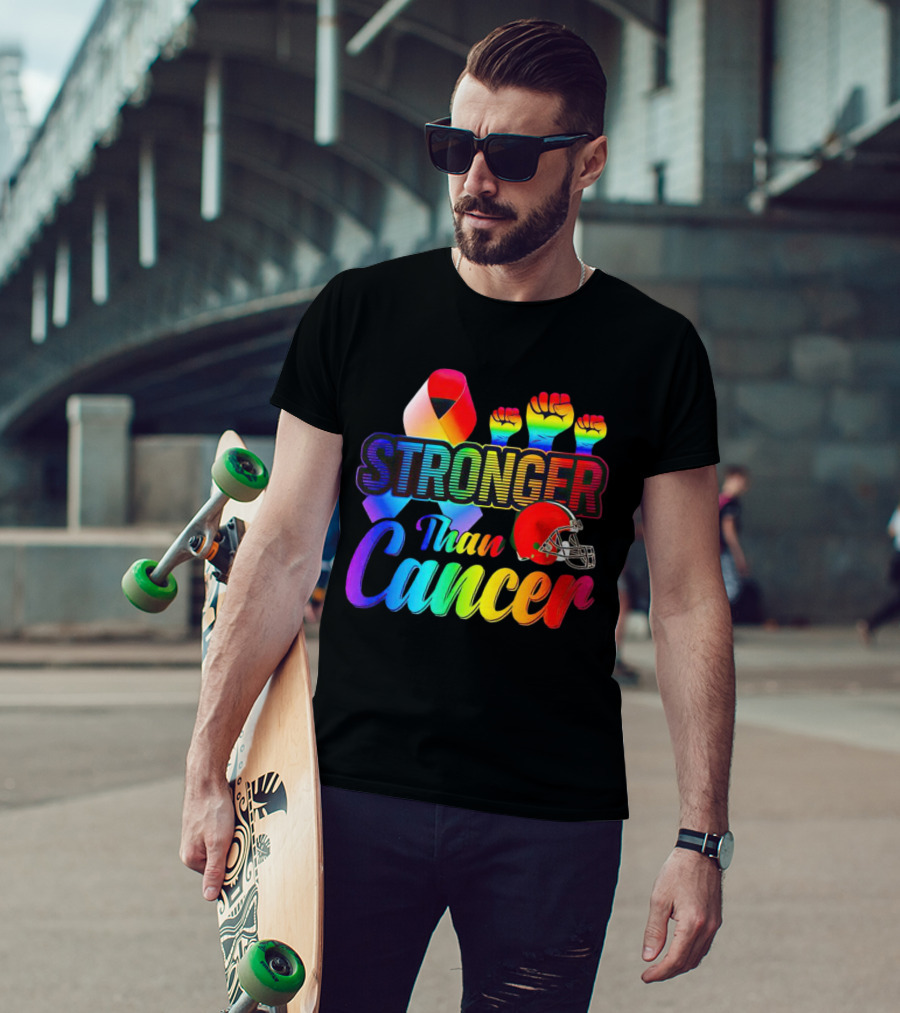 Cleveland Browns Stronger Than Cancer Rainbow Ribbon And Helmet T-Shirt